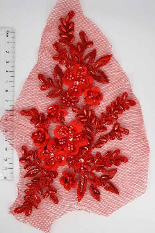 Red - Sylvia Beaded Floral Lace Applique