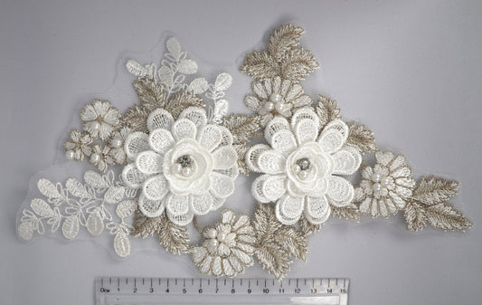 White/Gold - Zara 3D Beaded Lace Floral Applique